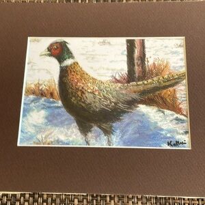Matted pastel print of pheasant in the field